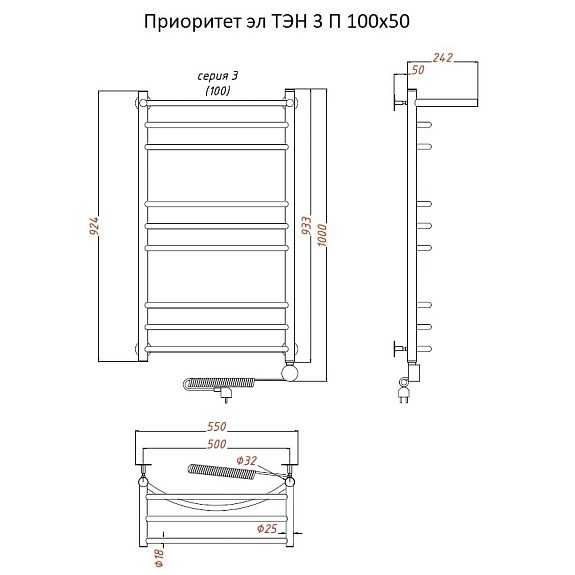 Полотенцесушитель Приоритет эл ТЭН 3 П 100х50